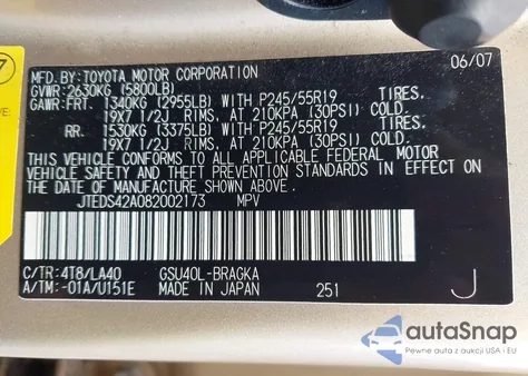 2008 Toyota Highlander Limited from USA, damaged, VIN JTEDS42A082002173